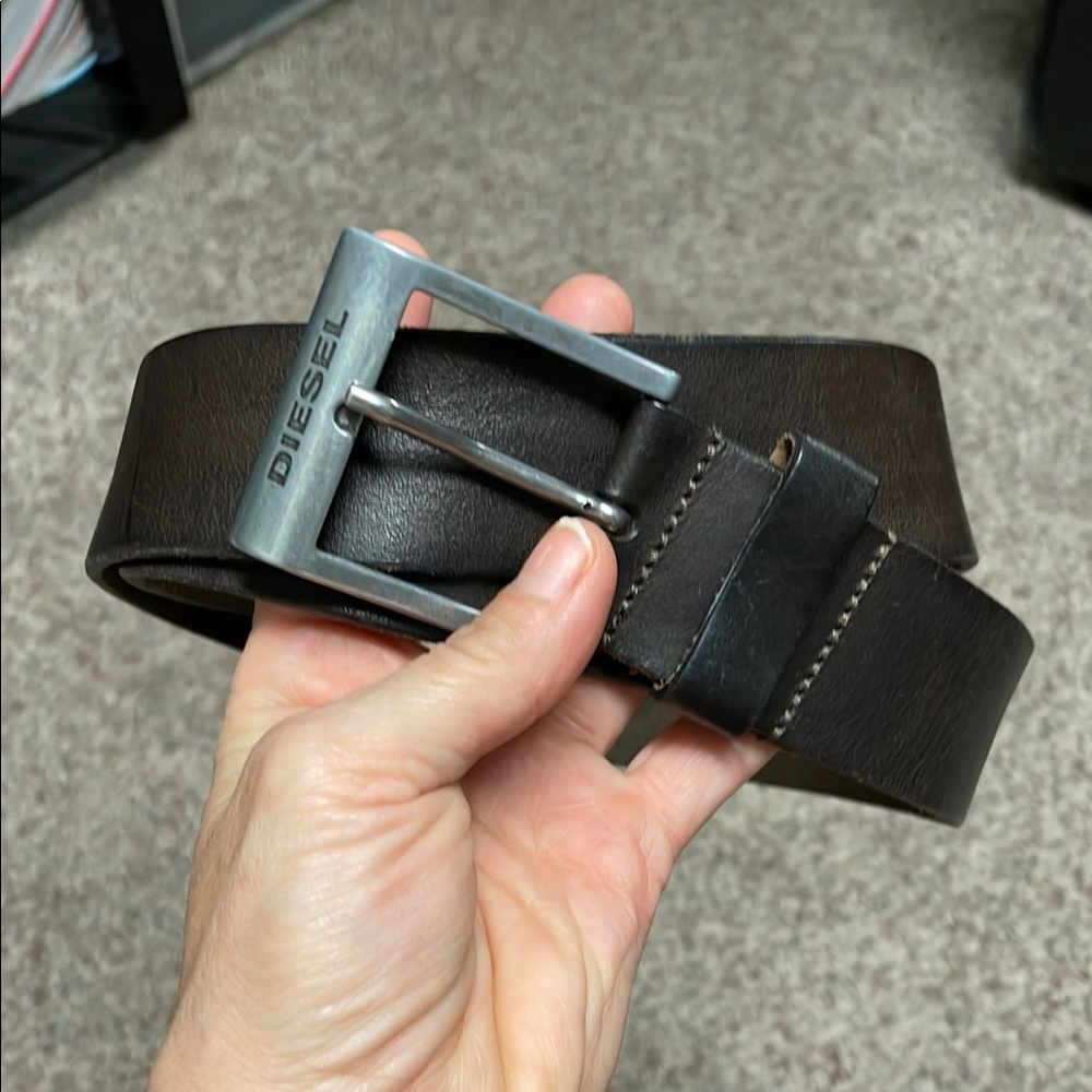 Diesel Brown Leather Belt with silver logo buckle